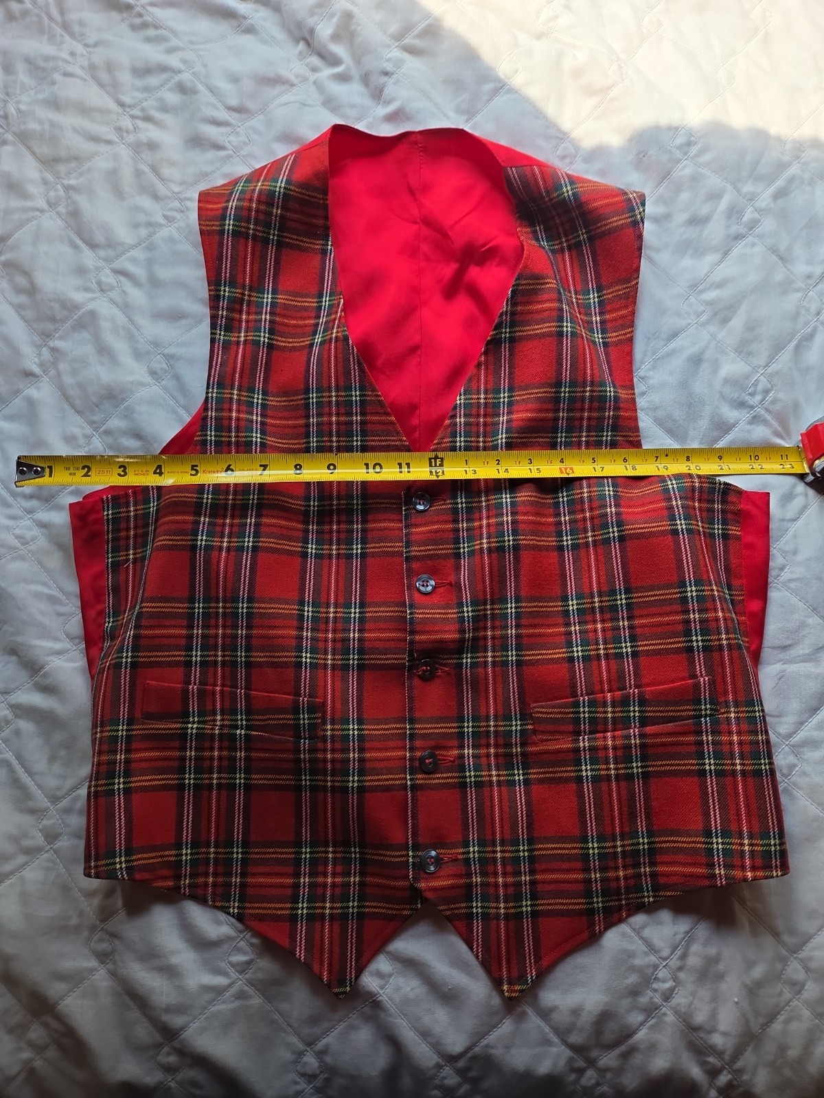 Vintage red Plaid Wool Vest SZ M Satin Lined Button Front Tailored Academia