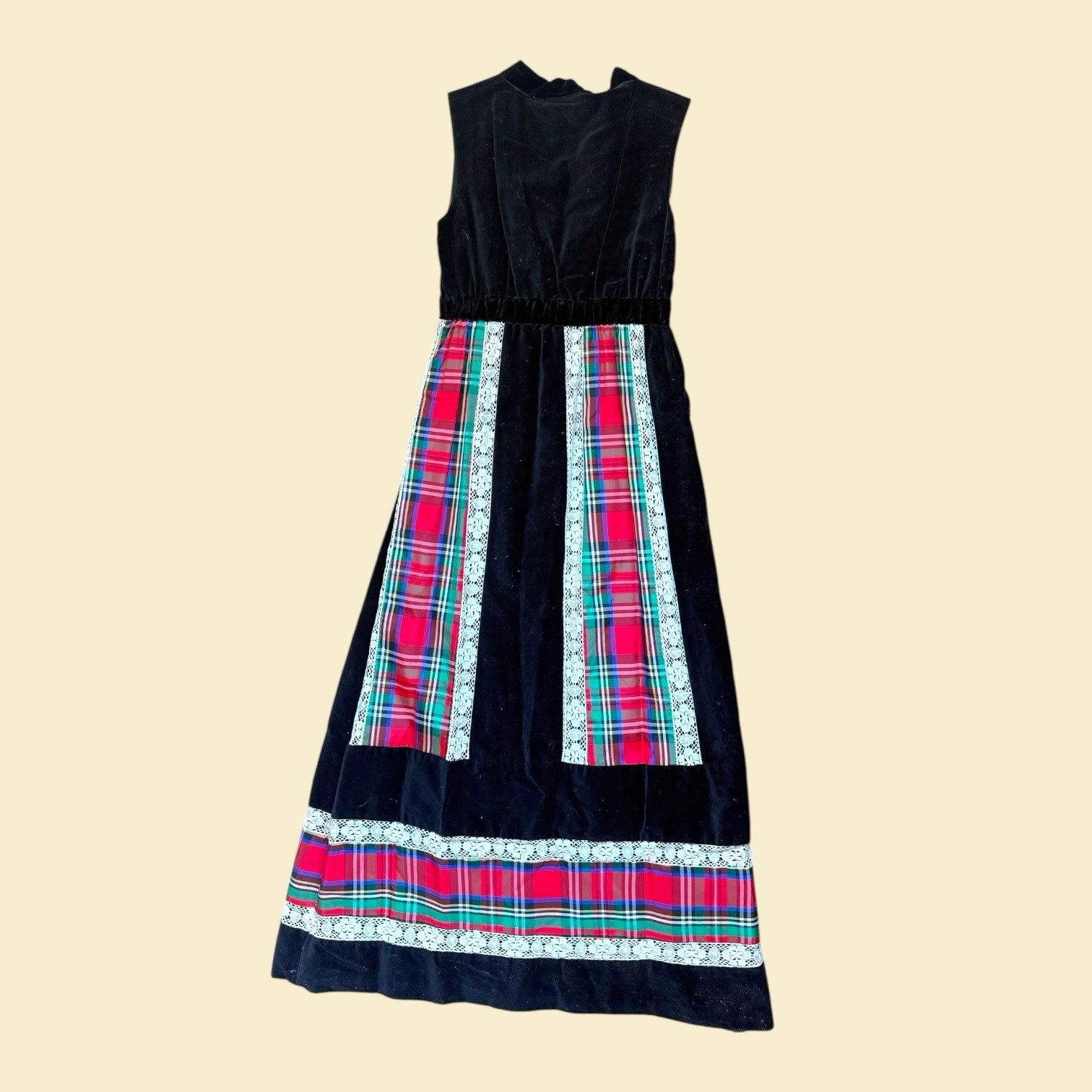 Vintage Tartan Red & Black Velvet Maxi Dress Empire Waist Mr. Hank 60s