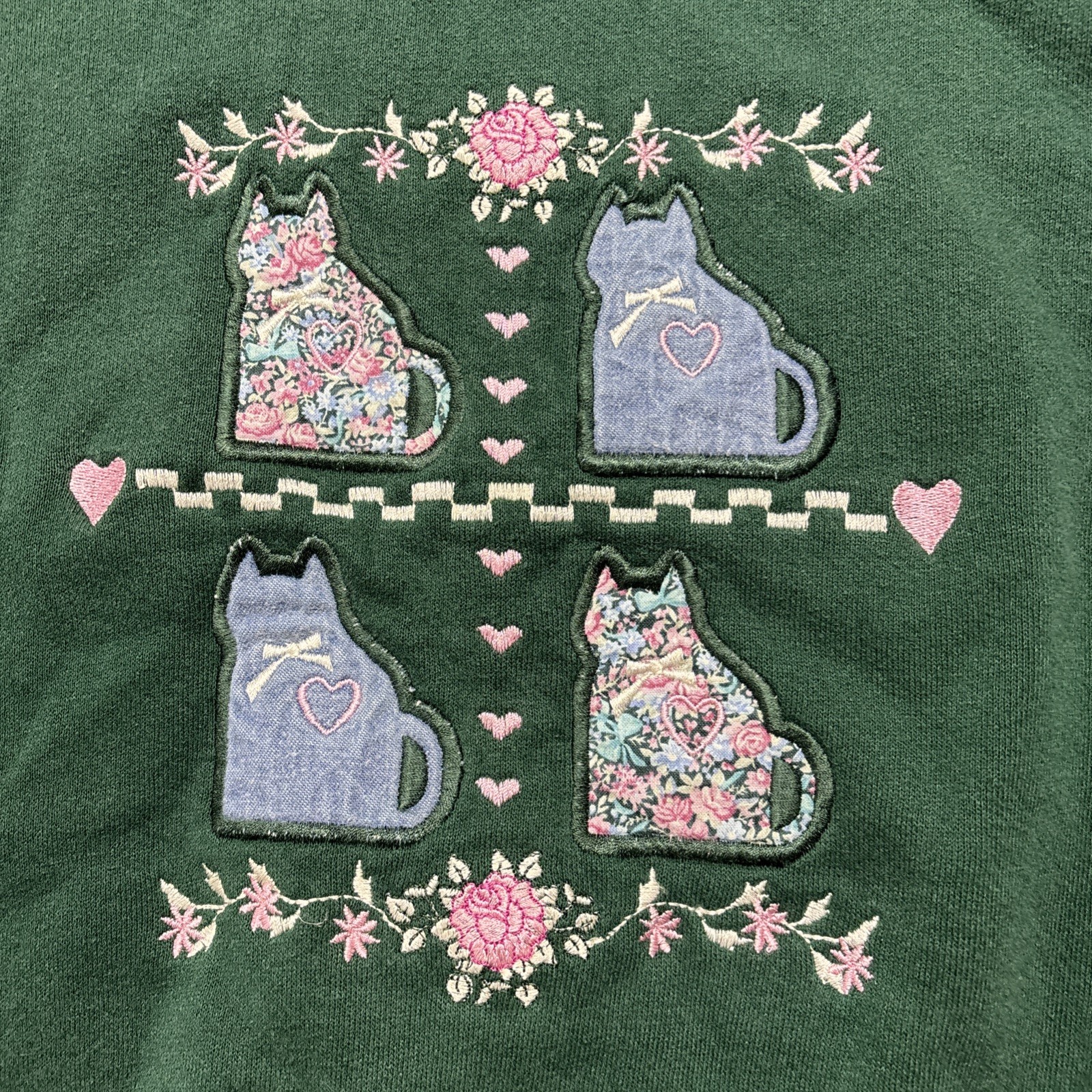 Vintage 90s Endless Designs Embroidered Cat Sweat Shirt Green L USA