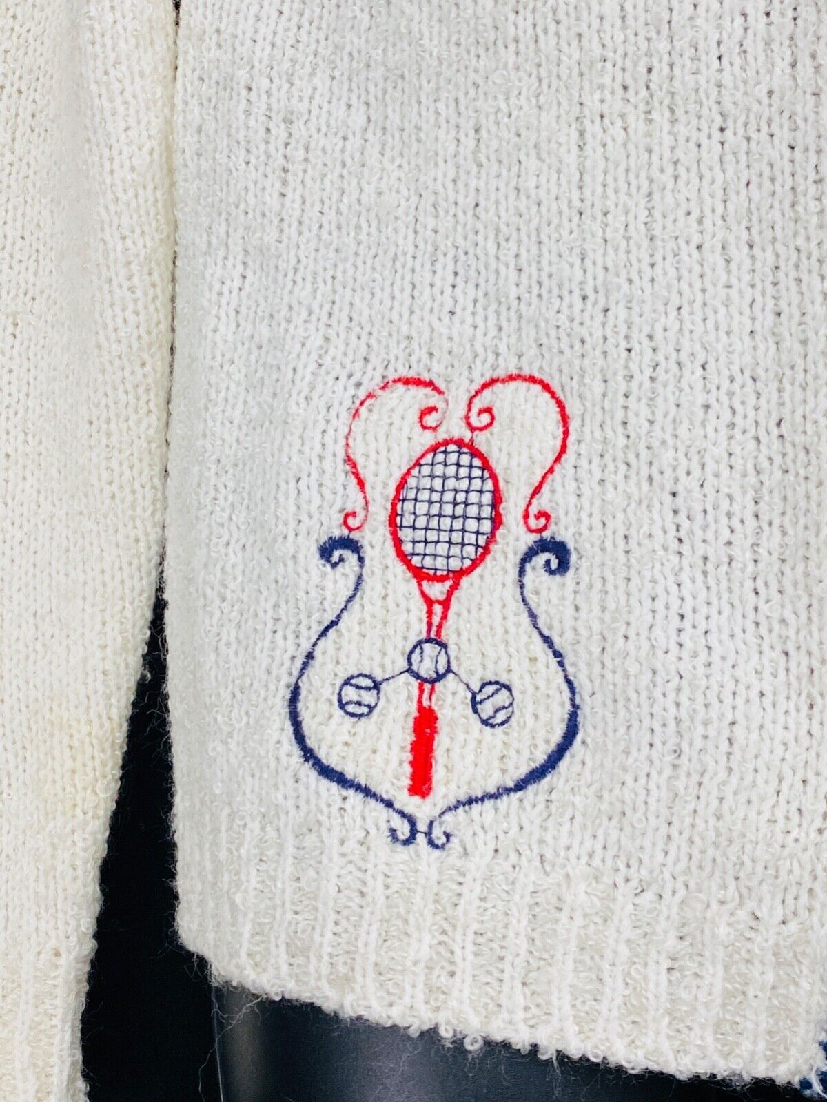 Vintage 1960s white sweater, sporty tennis novelty print cardigan red blue S M