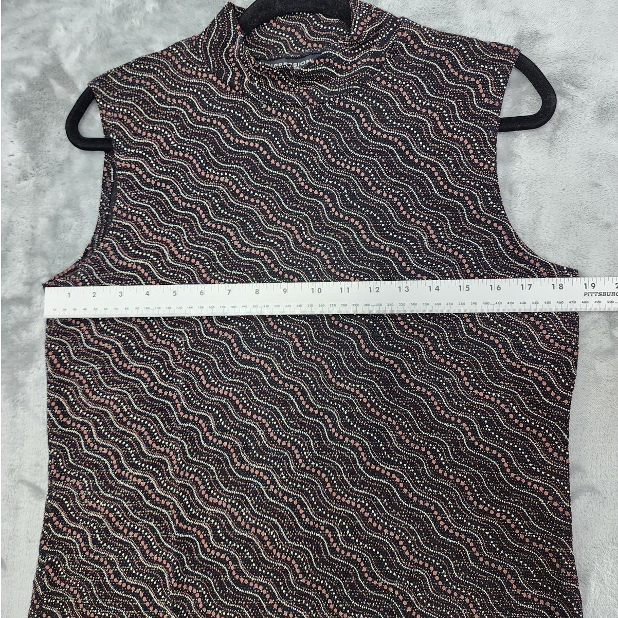 Vintage Impressions Top Womens L Black Glitter Studded Sequin Mock Neck Stretch