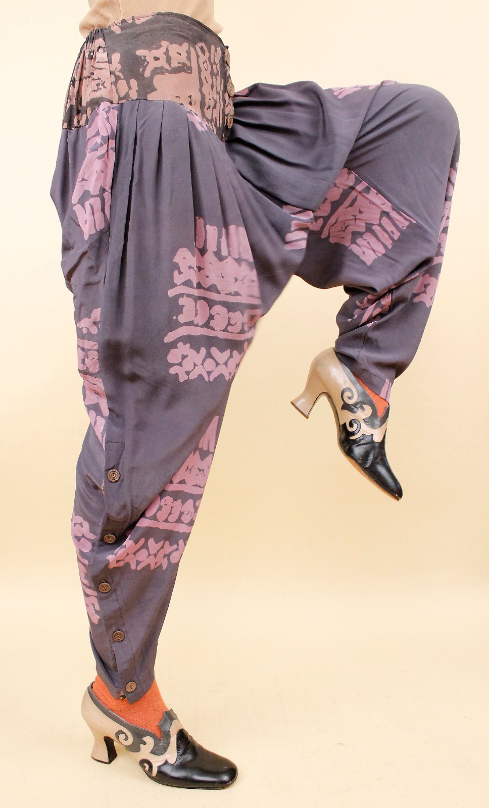 80s Vtg Silk Laise Adzer Designer Silk Moroccan Lagenlook Art Pants S-M W28-30″