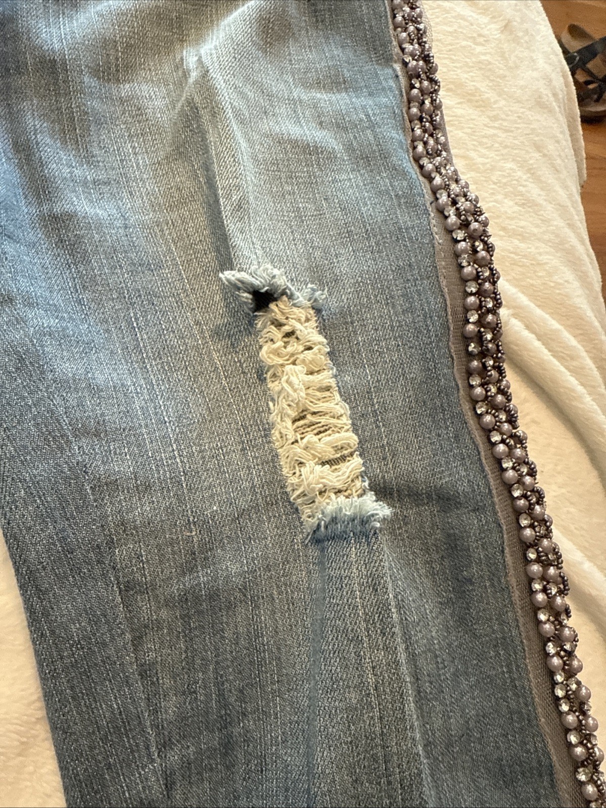 Vintage Baby Phat Capri Pants Distressed Silver Pearls Rhinestones Cat Size 7