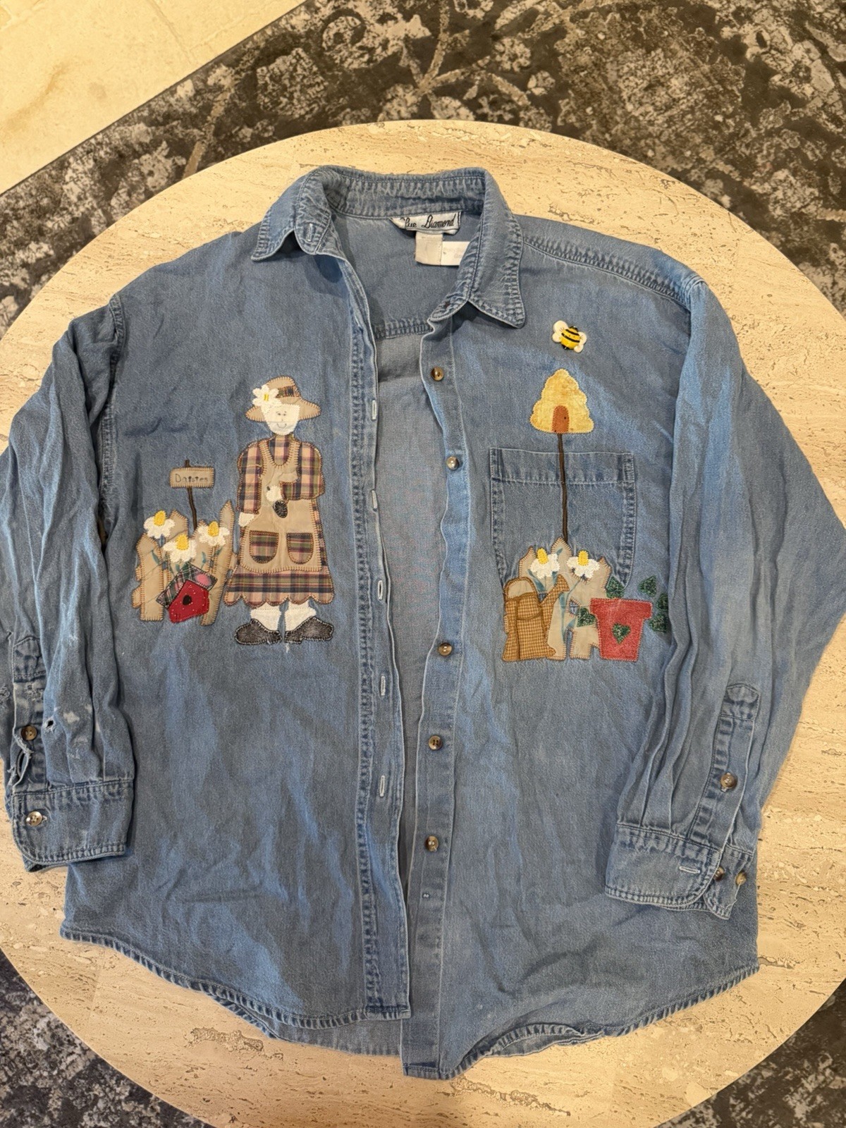 Blue Diamond Womens M Blue Cotton Denim Long Sleeve Button-Up Applique Daisies