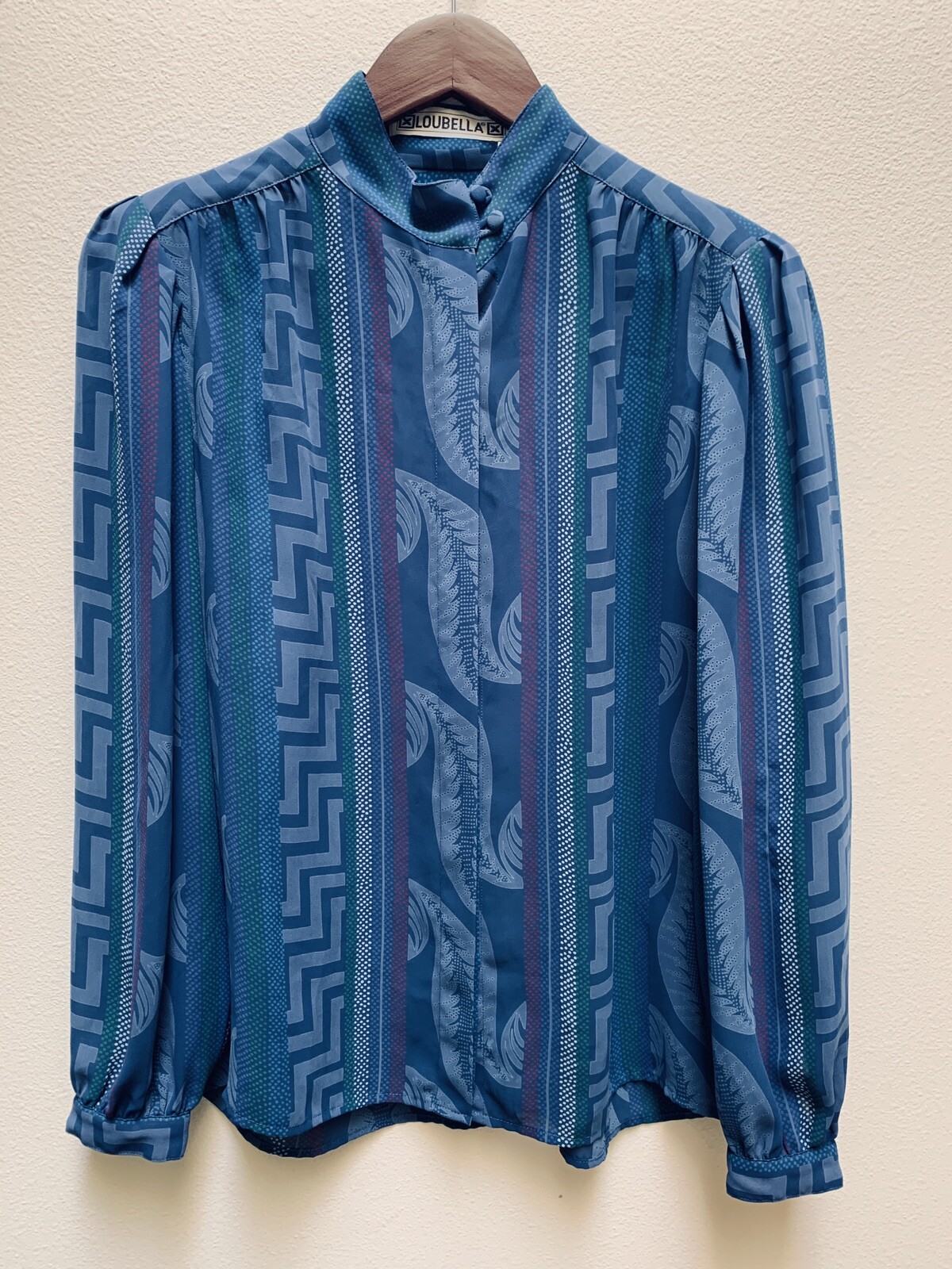 Loubella Vintage 80’s Blue Women’s Blouse Button up High Neck Size 12