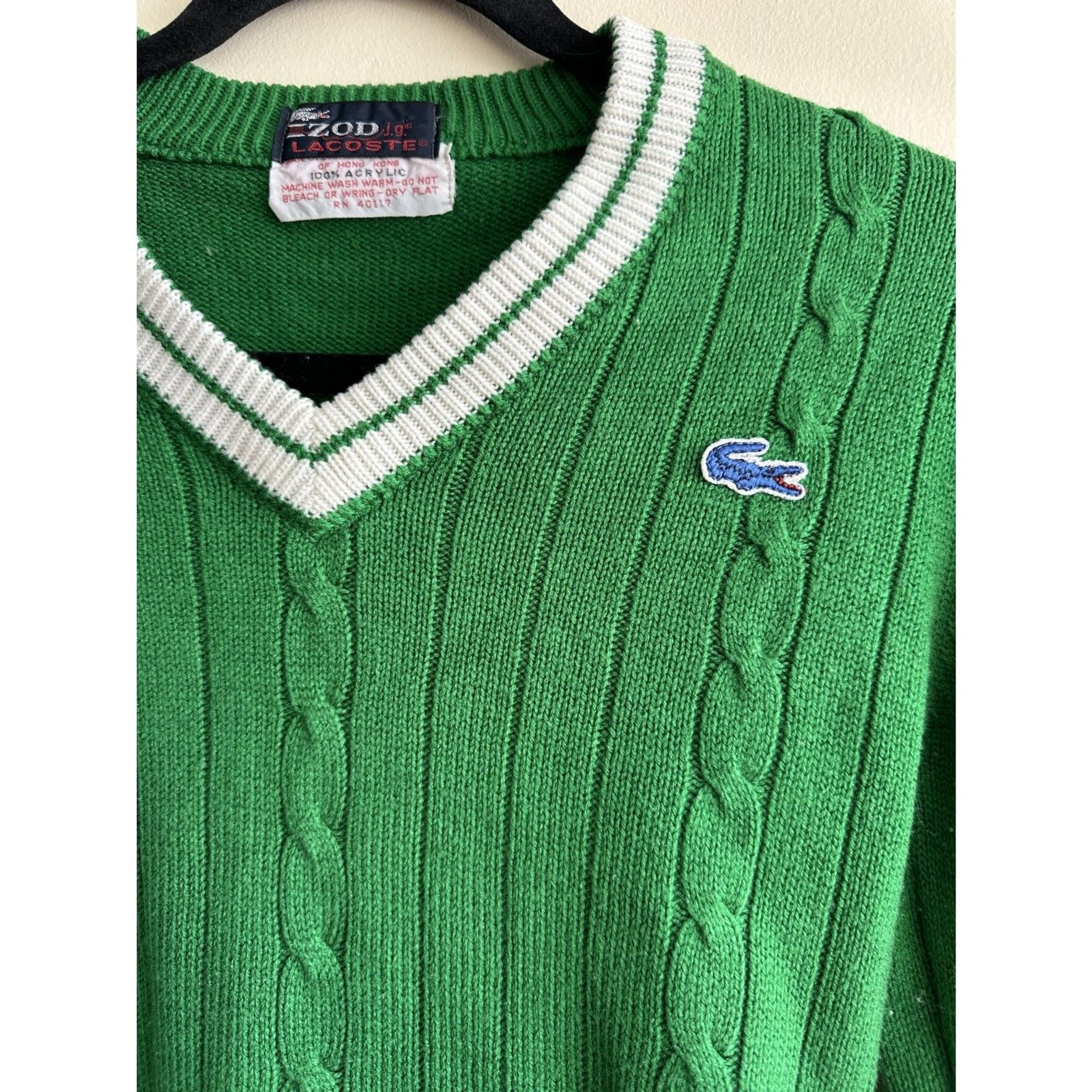 Vintage 80’s Izod Lacoste Sweater Small Fitted Green Cable Knit Preppy V Neck