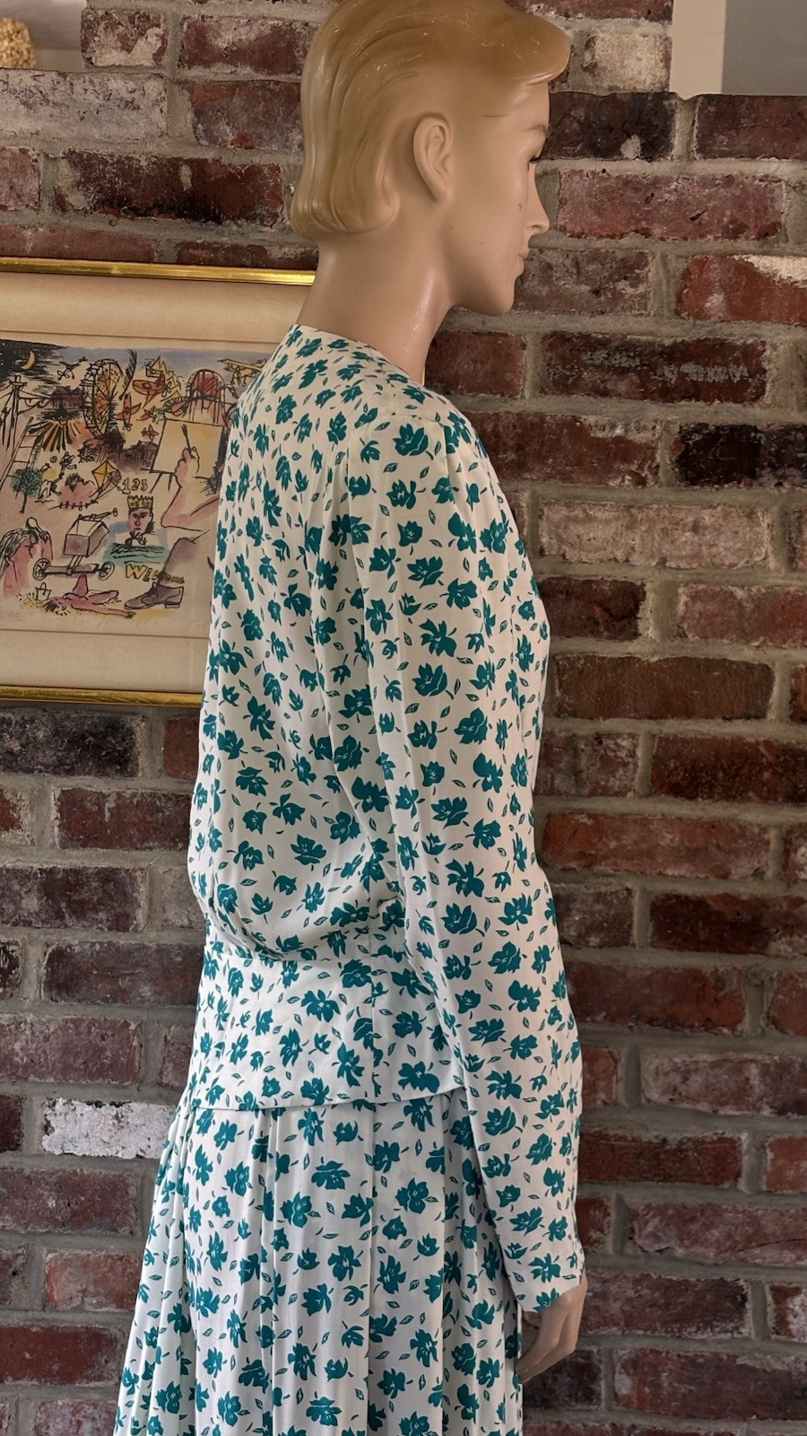 80’s green & white floral matching top and midi skirt