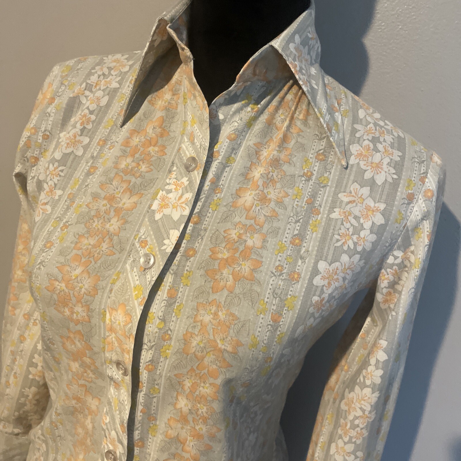 Vintage College Town Small Floral Stripe Button Down High Collared Blouse Top