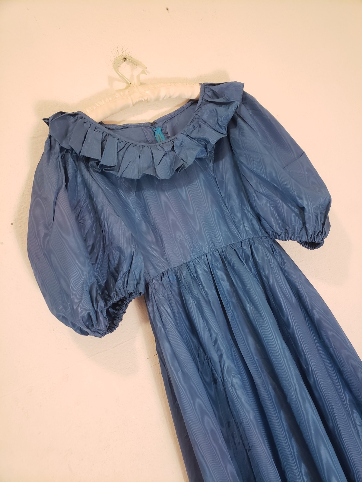 Vtg 70s Teal Gaberdine Puff Slv Maxi Dress Sz S M Handmade Gown