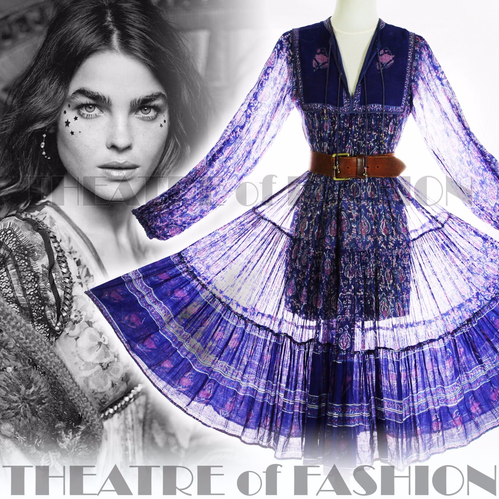 INDIAN DRESS PHOOL 70s VINTAGE HIPPY BOHO GAUZE WEDDING 8 10 12 14 60s GODDESS