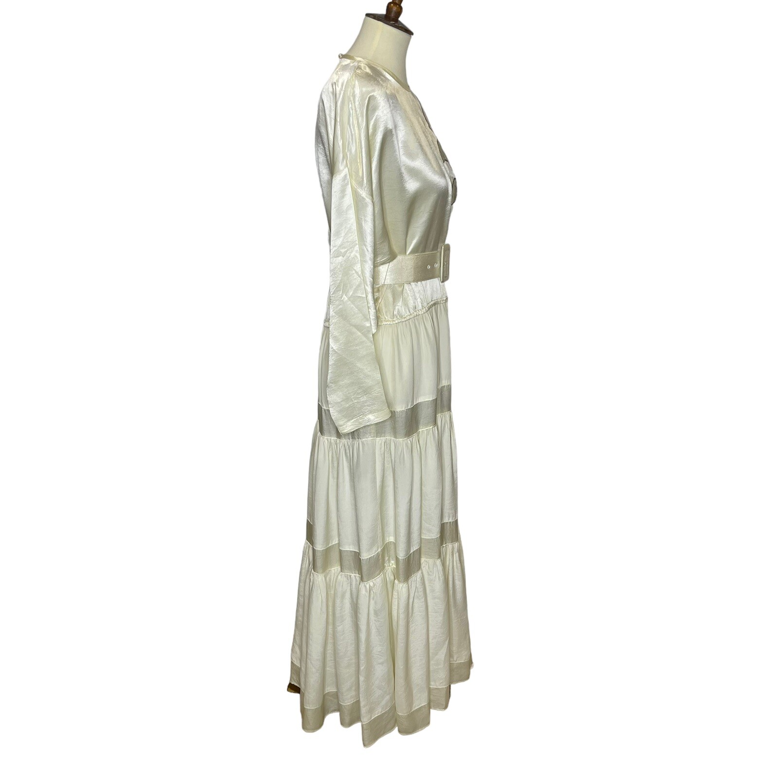 Vintage Choon California Ivory Satin Tiered Maxi Long Dress Belted USA Size 8?