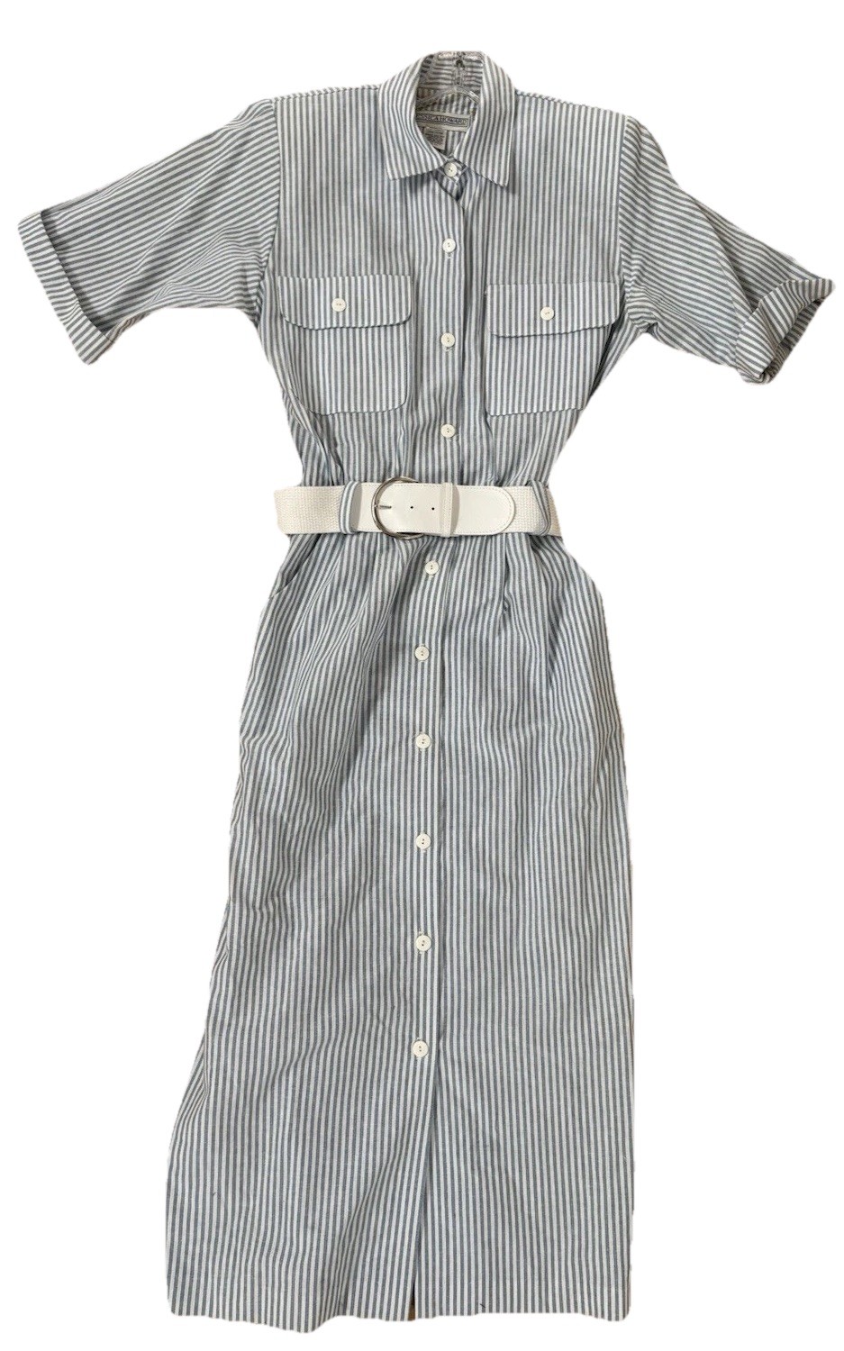 Vintage Jessica Howard Belted Button Front Dress 10 Blue White Striped CLASSIC