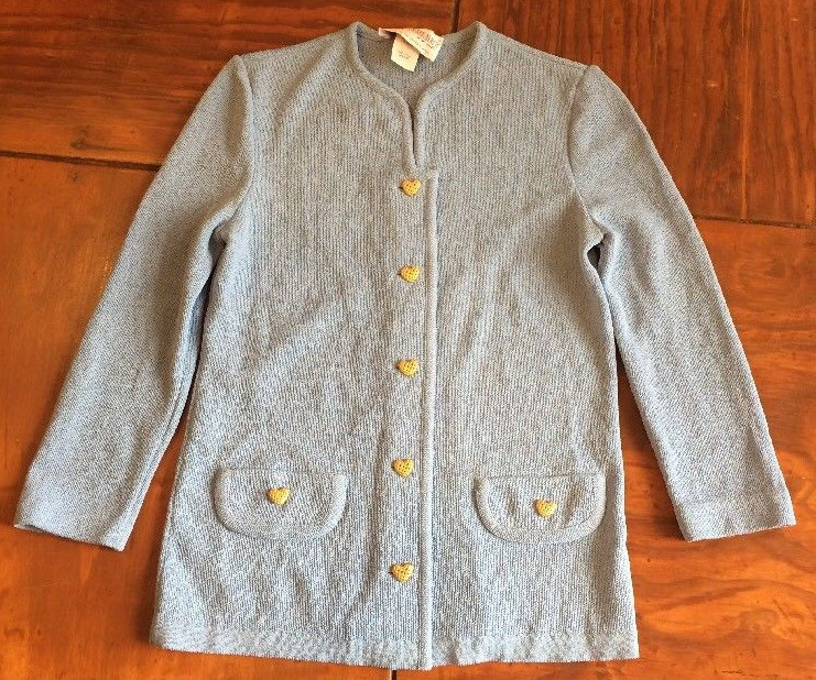 VINTAGE1970s 80s CASTLEBERRY KNIT JACKET BLAZER BLUE SIZE 8 GOLDEN HEART BUTTONS