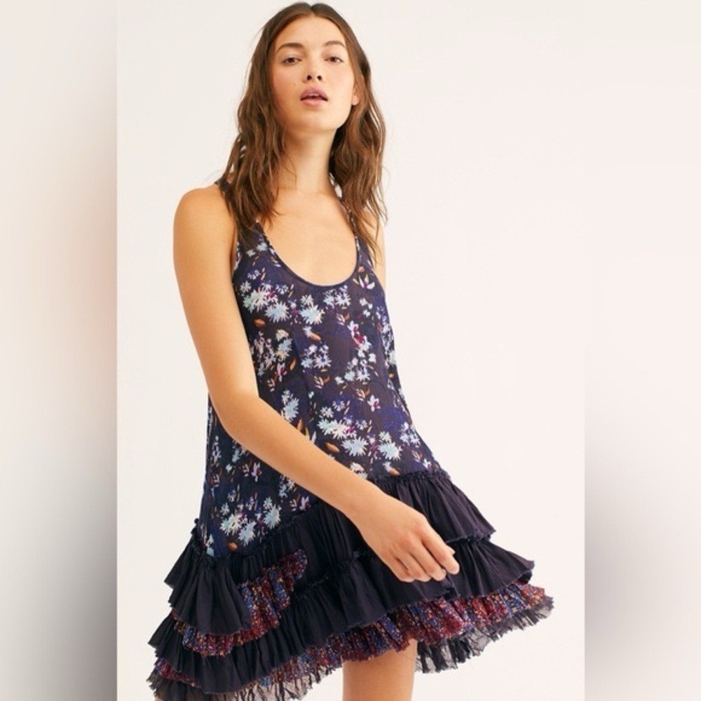 Free People FP One Avery Slip Dress Swing Navy Blue Ruffles Boho Patchwork Small