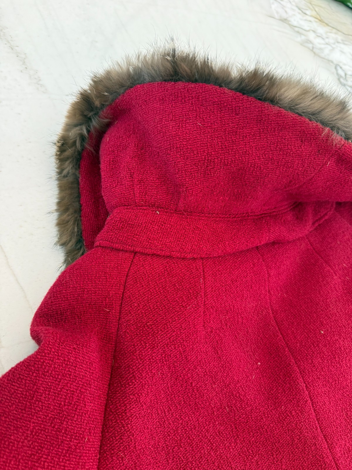 Vintage 1950s Shagmoor Cordonnet Bouclé Red Wool Swing Coat w/ Real Fur Collar