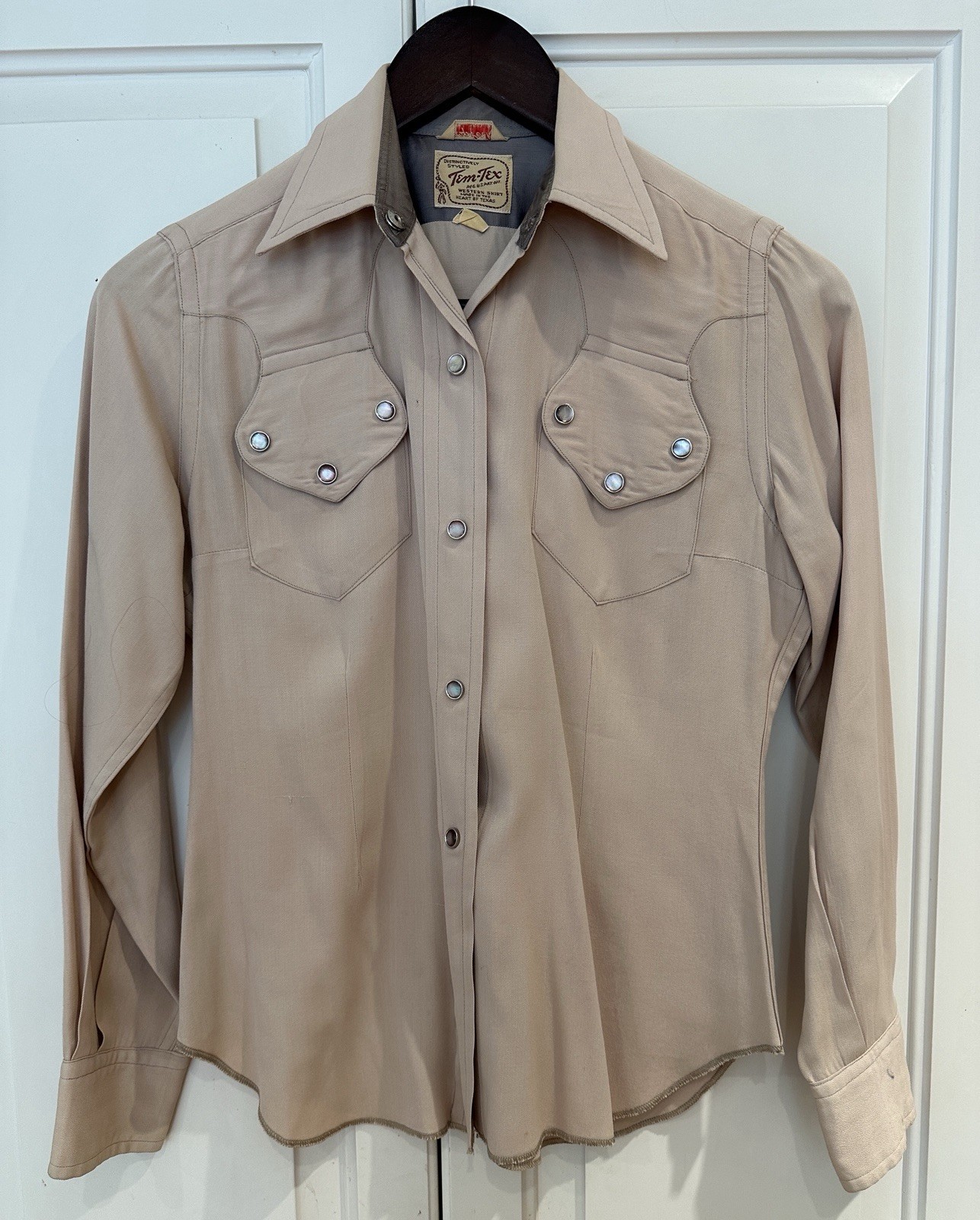 VINTAGE 50s TEM-TEX RAYON GABARDINE WESTERN PEARL SNAP SHIRT LADIES SMALL