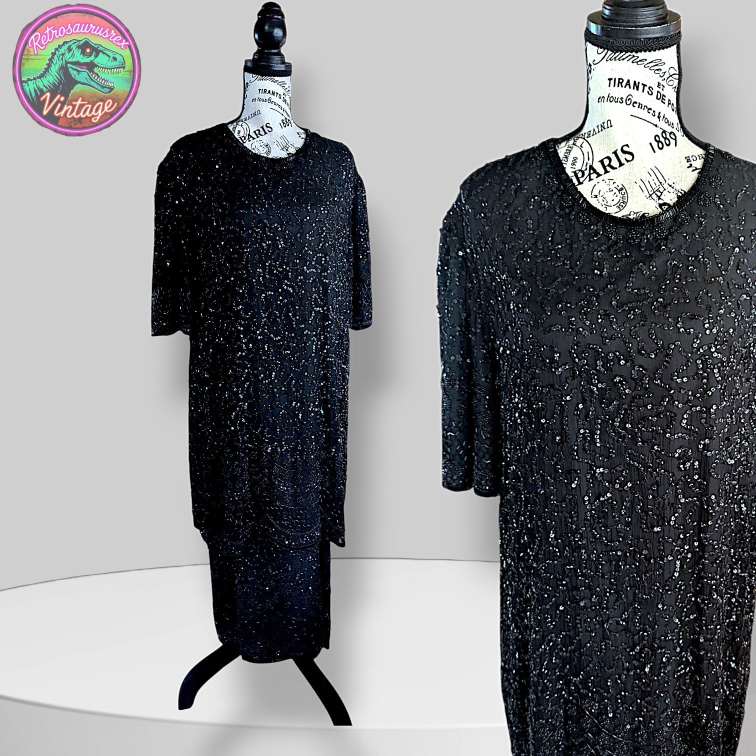 Vintage Bombshell Glam Silky Nites Beaded Sequin Black Gown, 2X Plus