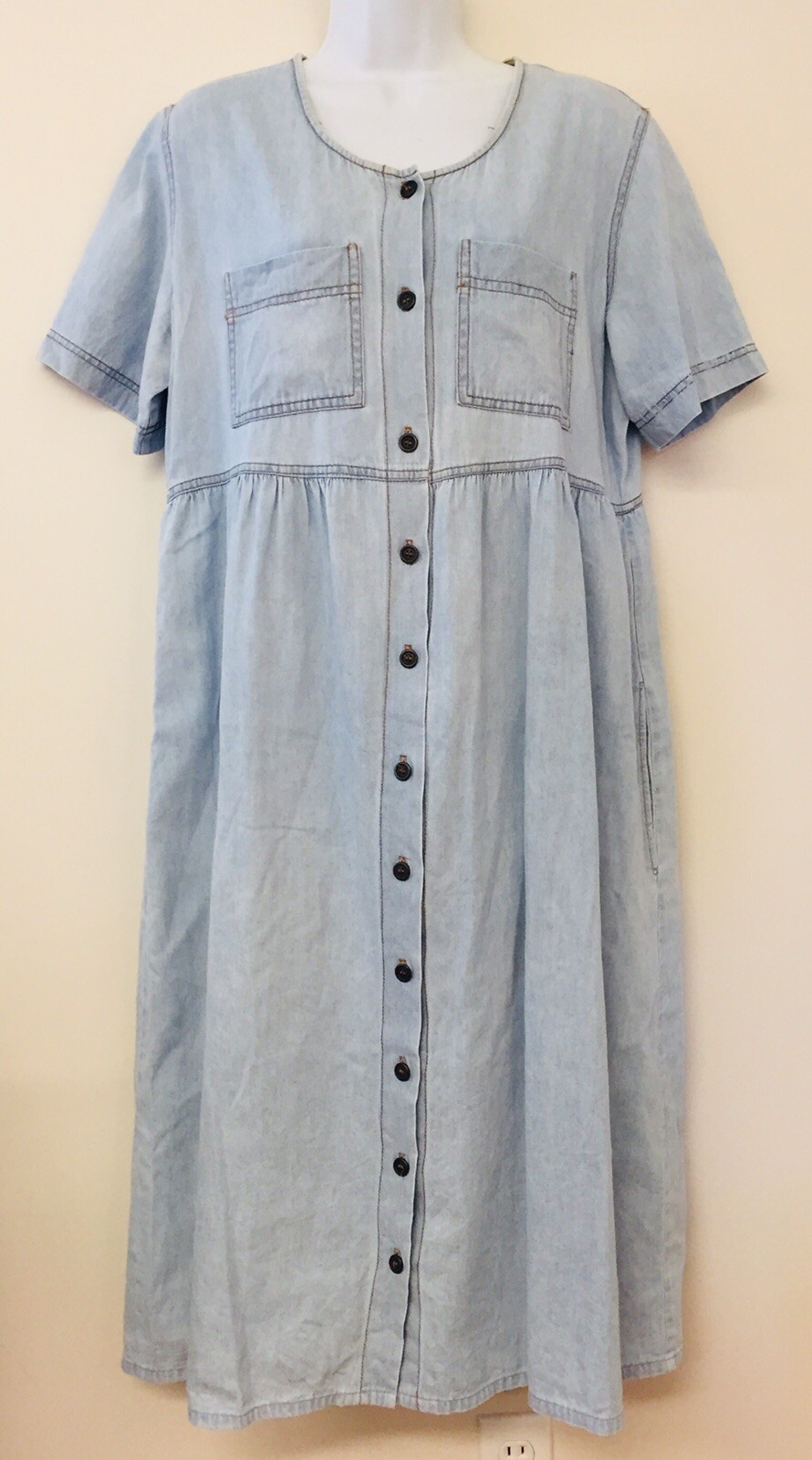 Chambray Short Sleeve Dress Pockets Vintage 1990s Light Blue Button Front M L XL