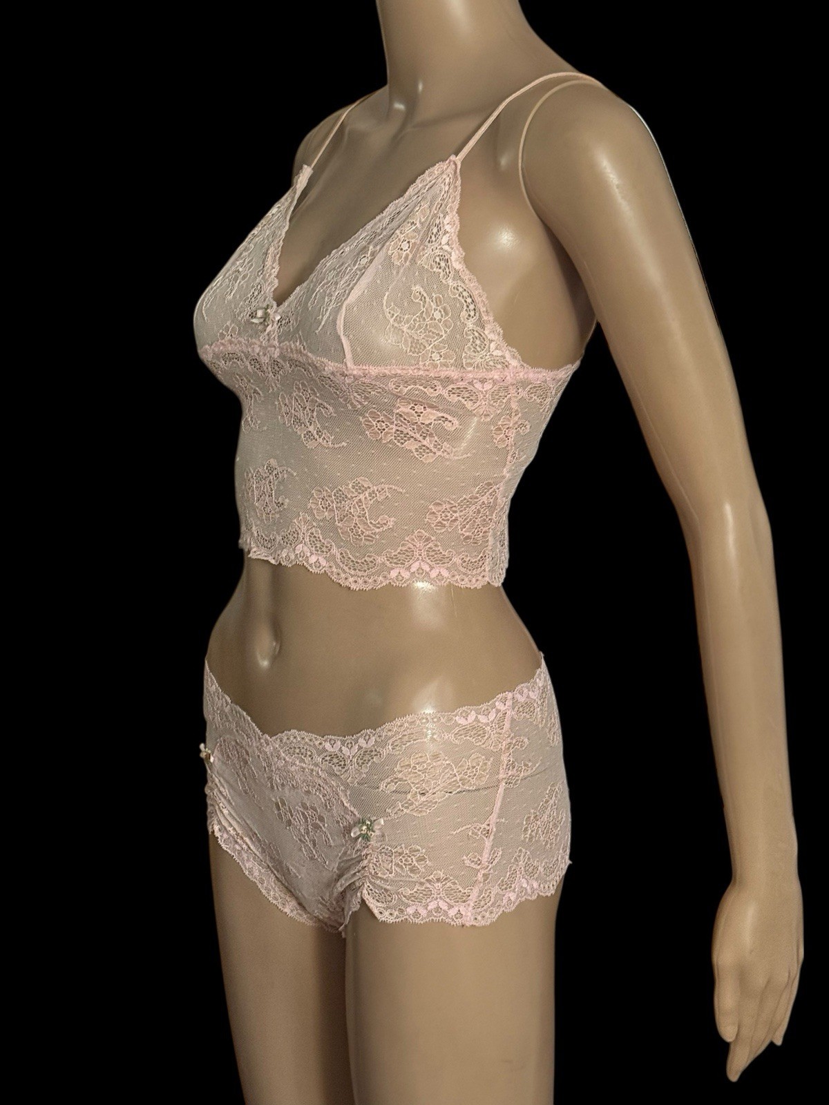 Victoria’s Secret Pink Victorian Sheer Lace Flowers Cami Panty Set Sz Small VTG