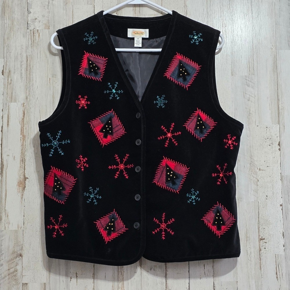 Talbots Vintage Black Red Green Embroidered Velour Wool Christmas Vest Medium