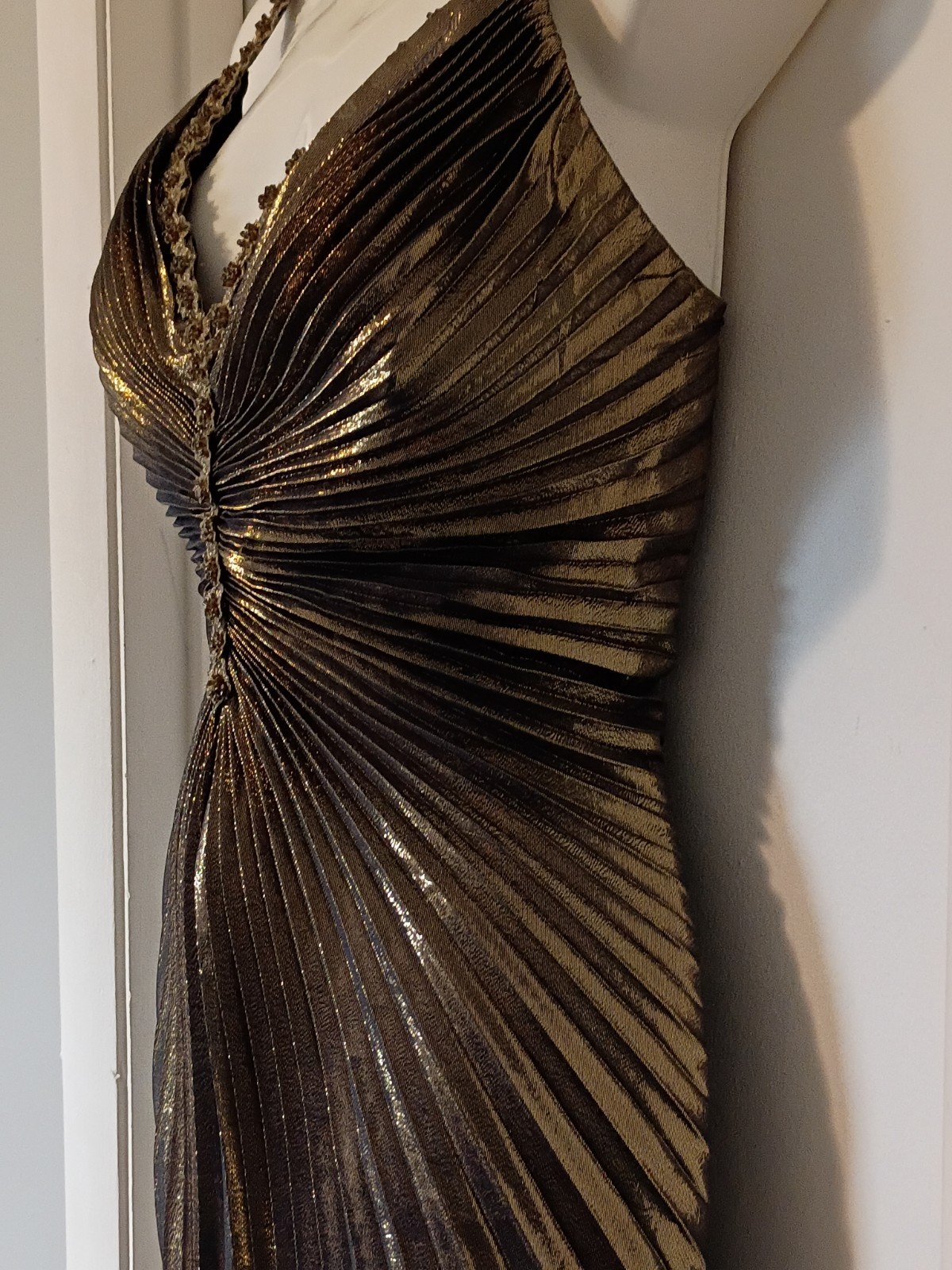 Vtg Lillie Rubin Bronze Gold Slinky Pleated Long Formal Dress Sz M Strappy