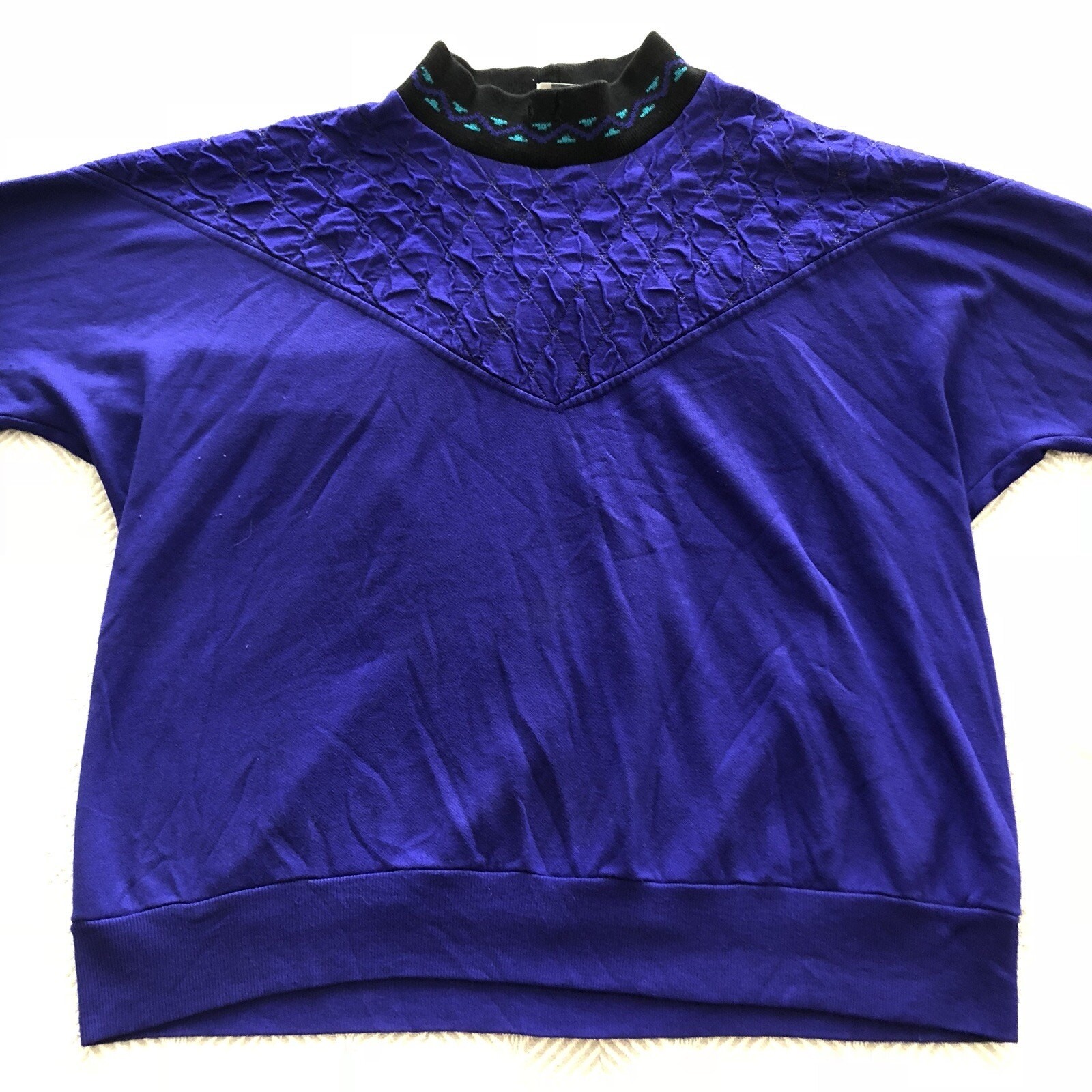 YoungStuff Studio Vintage Purple & Teal Batwing Mock Neck Pullover EUC Size M/L