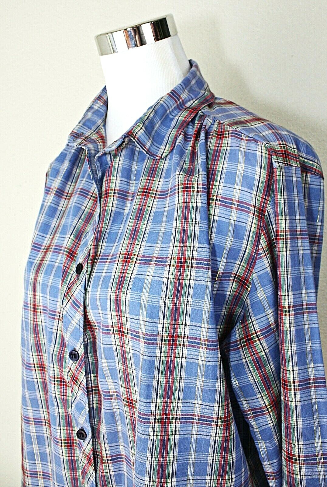 VTG LICORICE X Top Blouse Sz. 40 Long Sl. Blue White Red Gold Plaid Casual #02