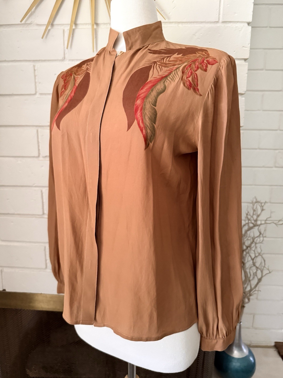 Vtg Mario Pucci Cecconi Italy Blouse Feathers Long Sleeve Brown Button Top Shirt