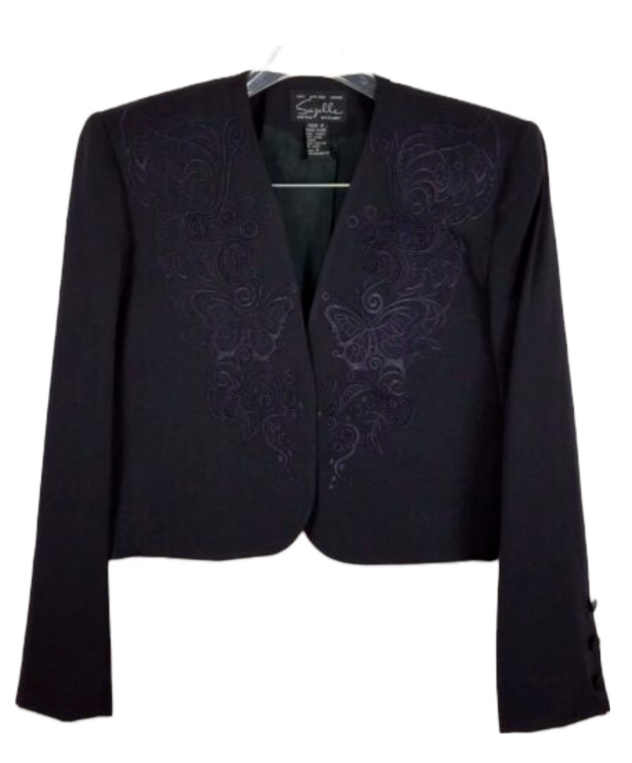 SUZELLE black vintage Jacket Embroidered Butterflies and Leaves size 6