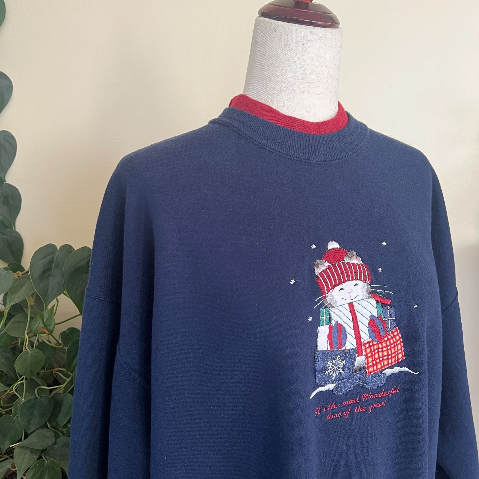 Top Stitch by Morning Sun Navy Blue Christmas Cat Sweatshirt sz XL Grannycore