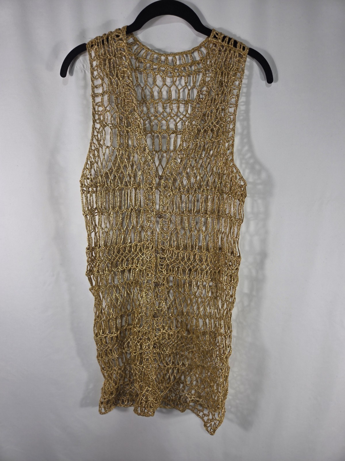 Vintage 1960s Women’s Woven Metallic Gold Long Vest Size Small To Medium