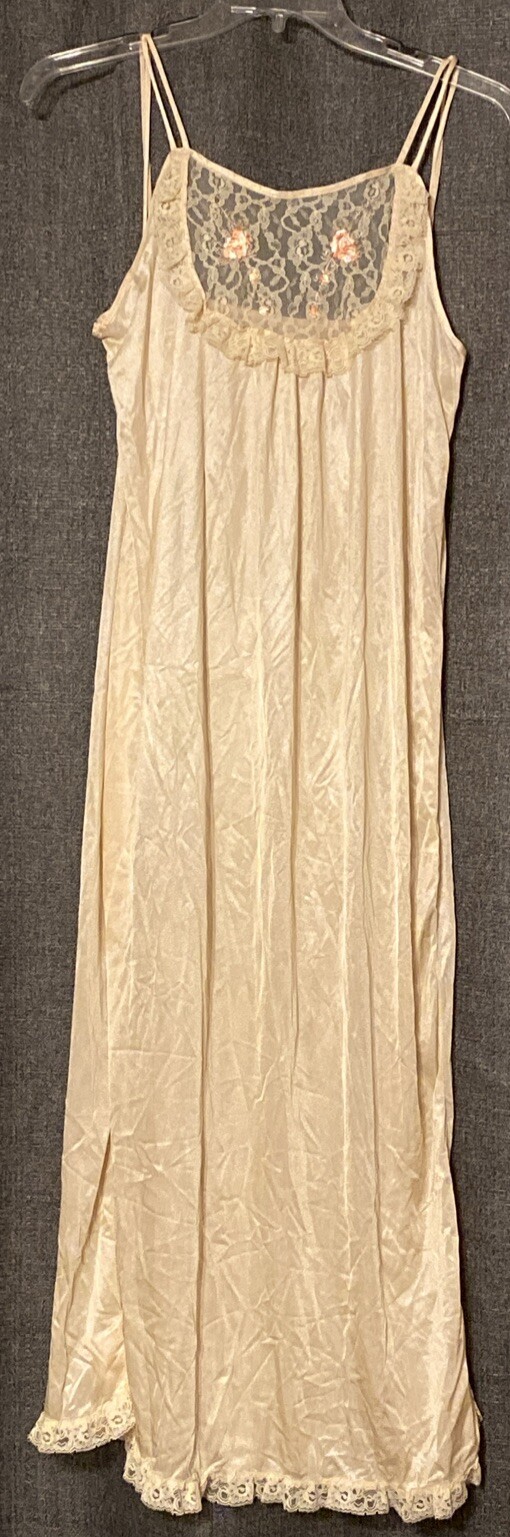 Vintage Mistra Nightgown long Beige Nylon Lace Bodice Size Medium Sexy