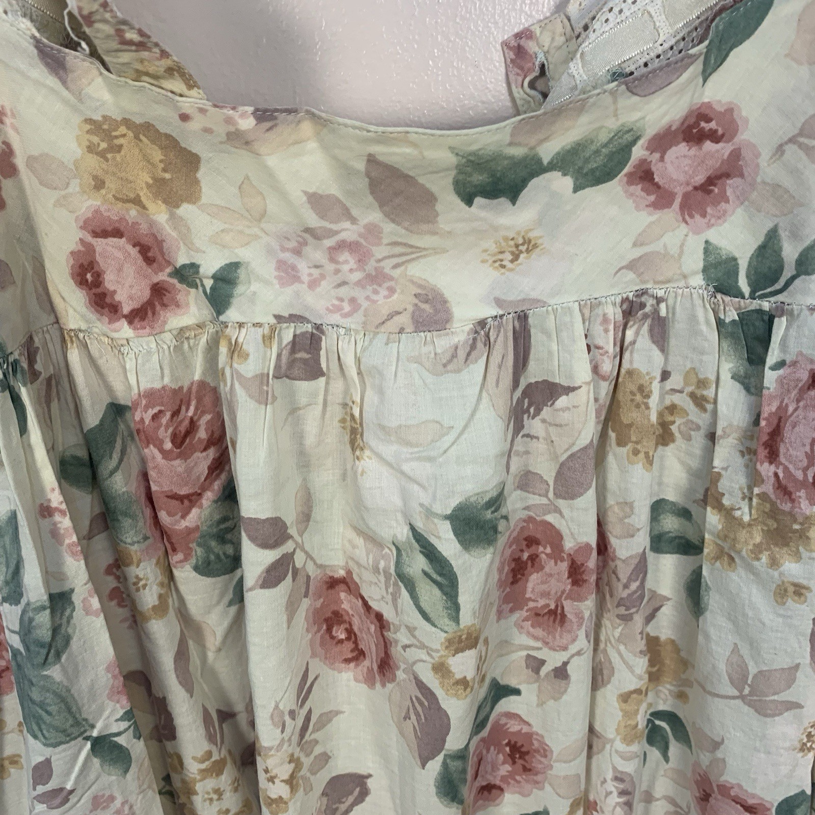 Victoria Secret VTG Gold Cotton Lace Floral Ribbon Cottage Prairie Nightdress XL