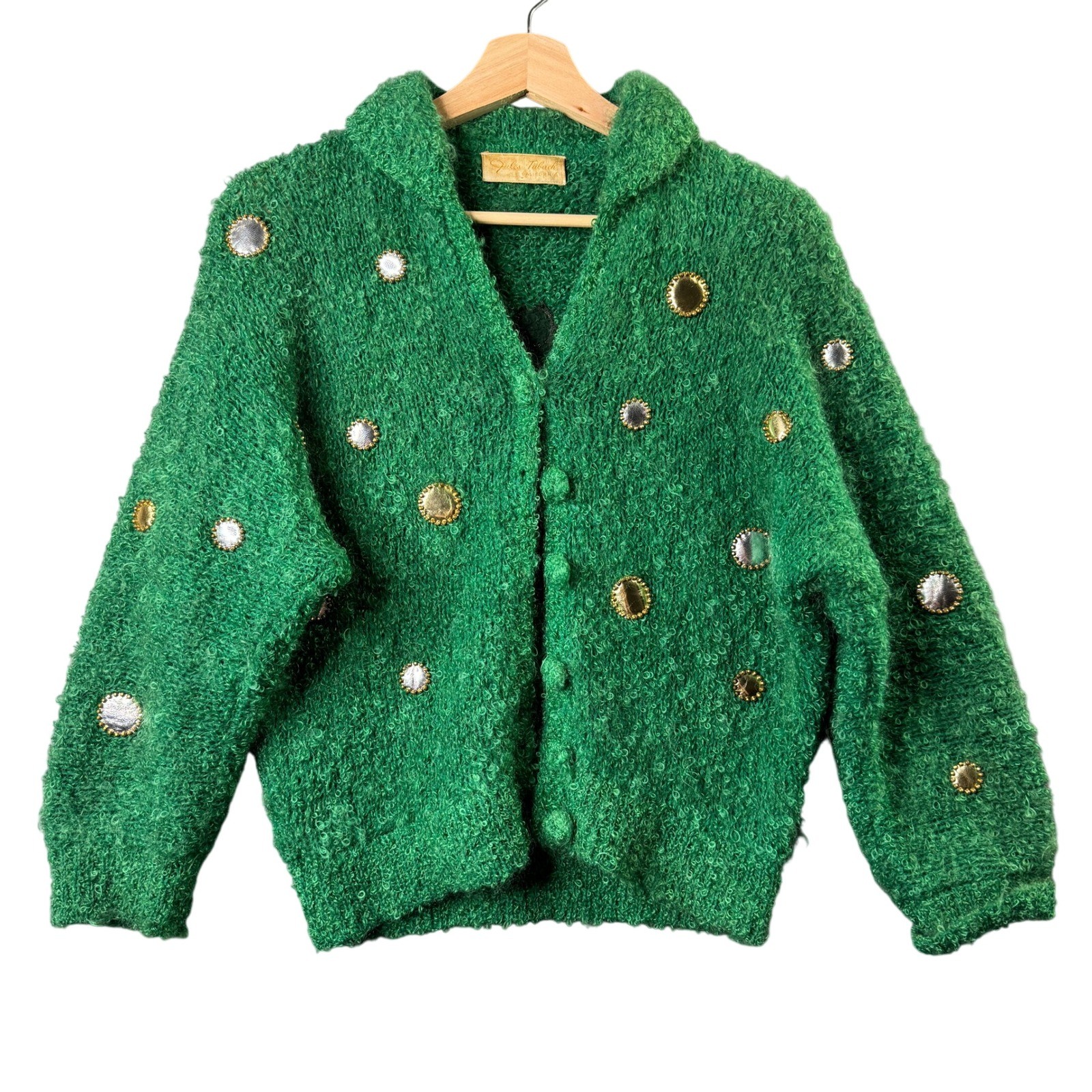 Vintage Jules Tabach California Green Boucle Cardigan Mirror Studded Sweater