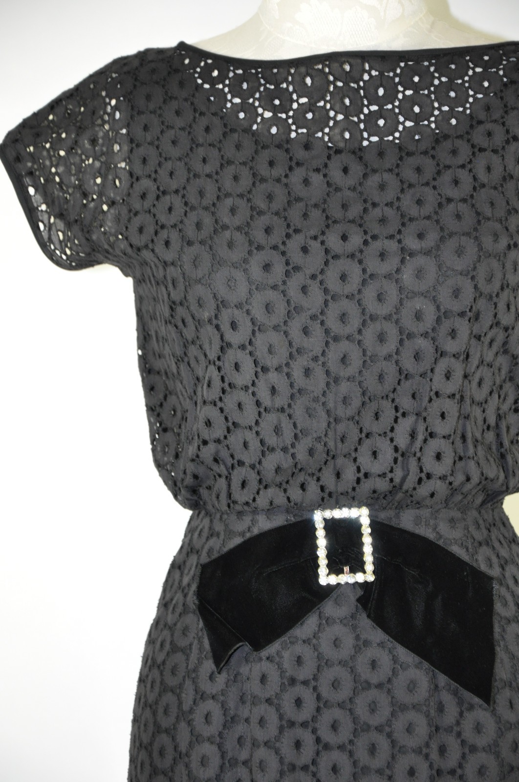 50s Vintage Black Cotton Lace Eyelet Velvet Rhinestone Wiggle Cocktail Dress S