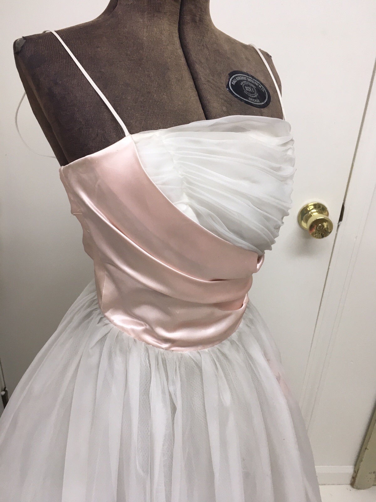 1950s Prom Dress White Tulle Fabric Pink Satin Ribbon Millinery Flowers #14