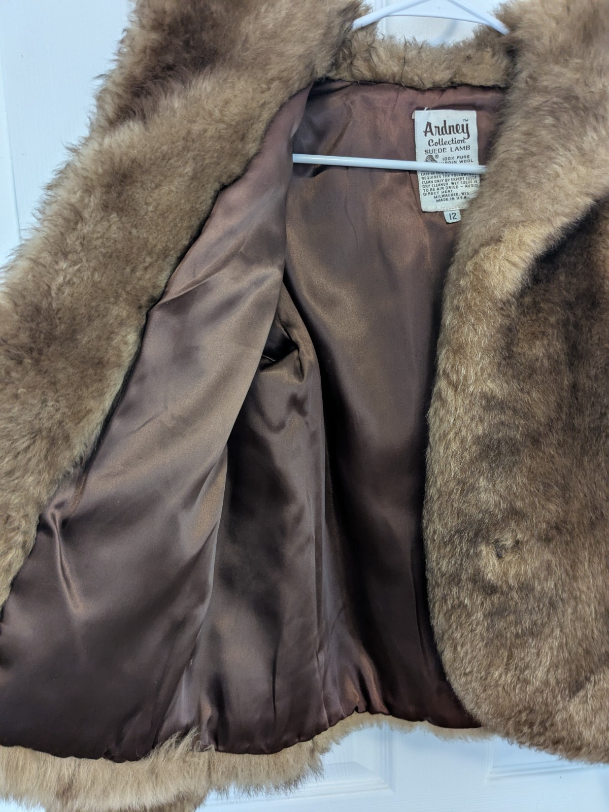 Vtg Ardney Genuine Suede Lamb Shearling Long Pile Wool Puffer Bomber Size 12 Tan