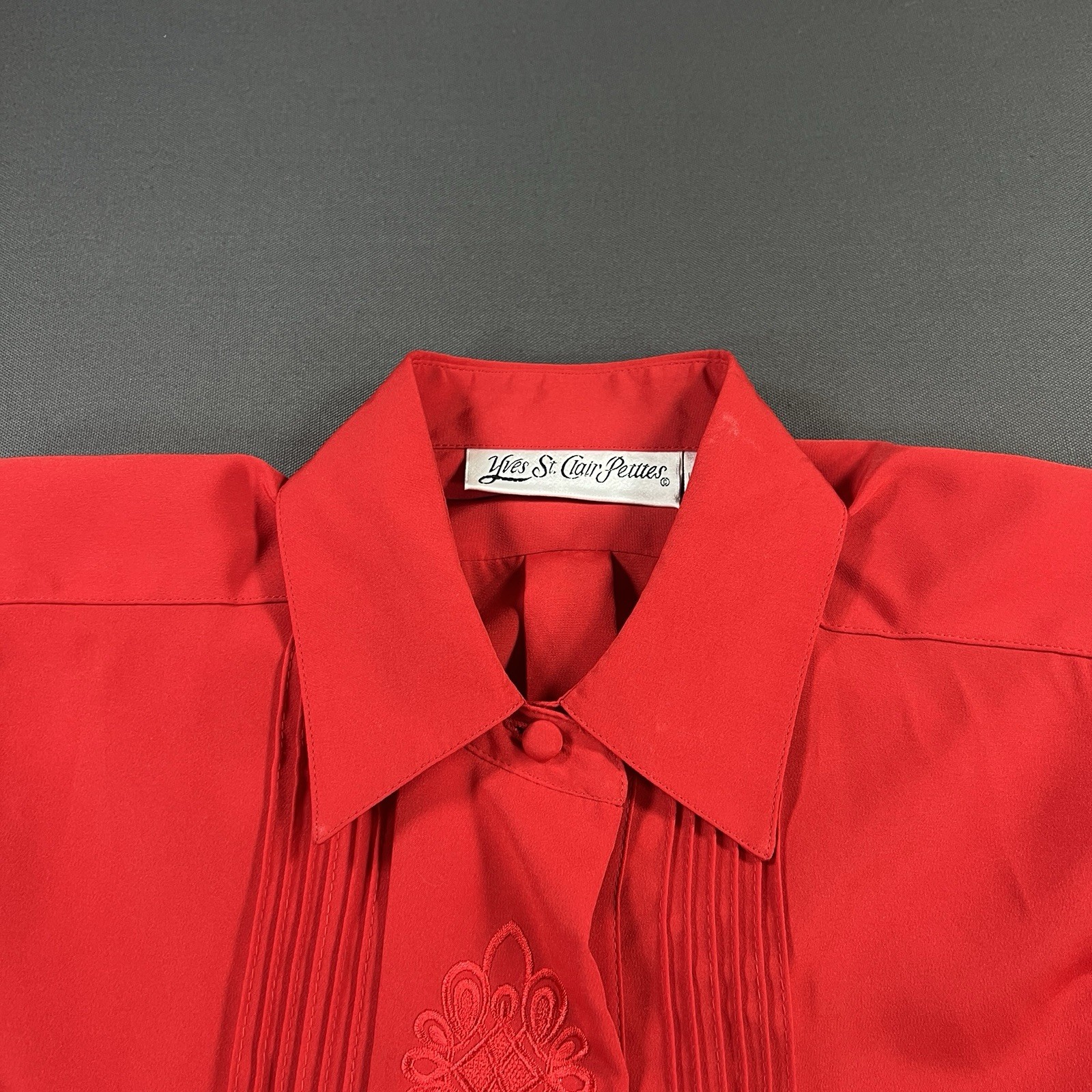 Vintage Yves St. Clair Petites 12P Red Pintuck Embroidered Blouse Shoulder Pads