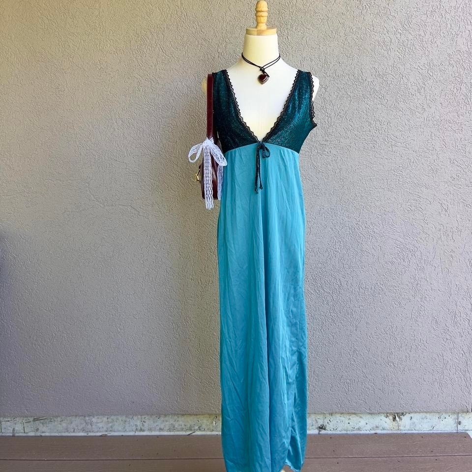 Vintage Blue Teal Maxi Slip Dress Plunge Neck w/ Black Lace Lingerie Glam Sz S