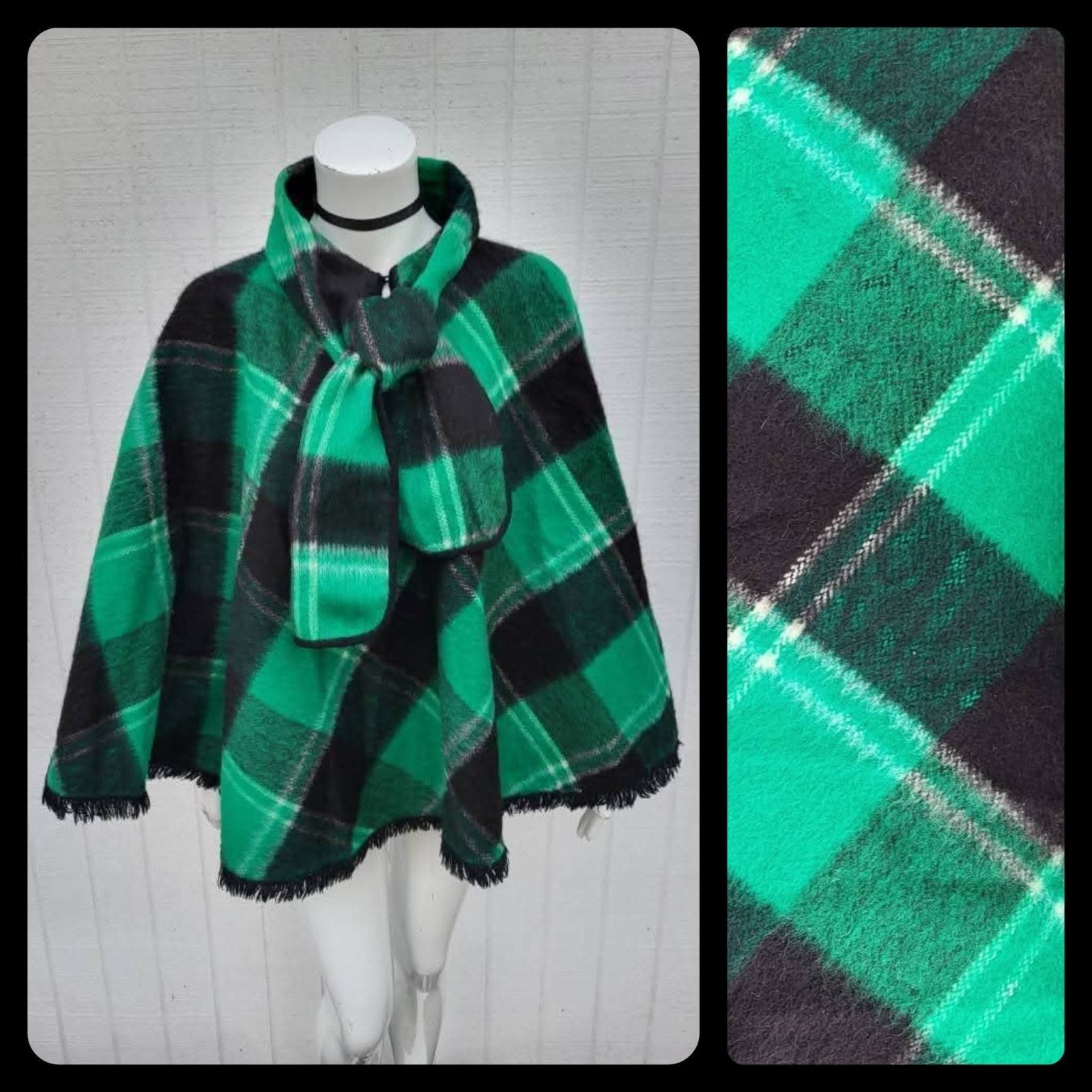 1960s Black And Green Plaid Poncho/Cape As Is