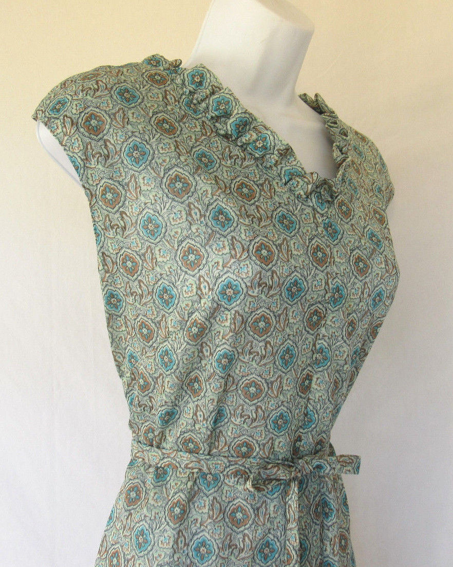 VINTAGE 1960s 70s MOD JUST’N TIME DRESS FLORAL PAISLEY BELT RUFFLE POLYESTER