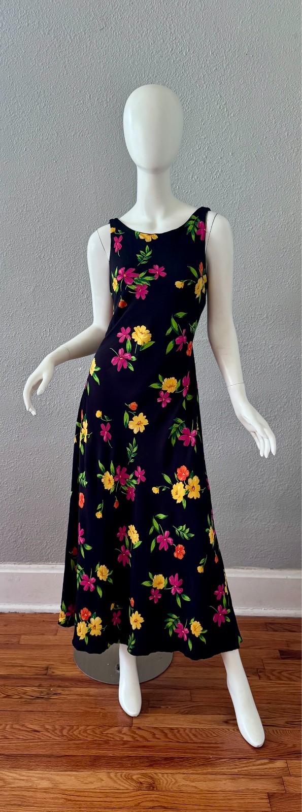 Vintage 90s Black Floral Femme Rayon Maxi Sun Dress M