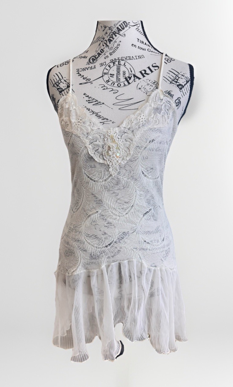 Vintage 80s 90s Cinestar Coquette Whimsy Fairy Lingerie Lace Sequin Slip Dress
