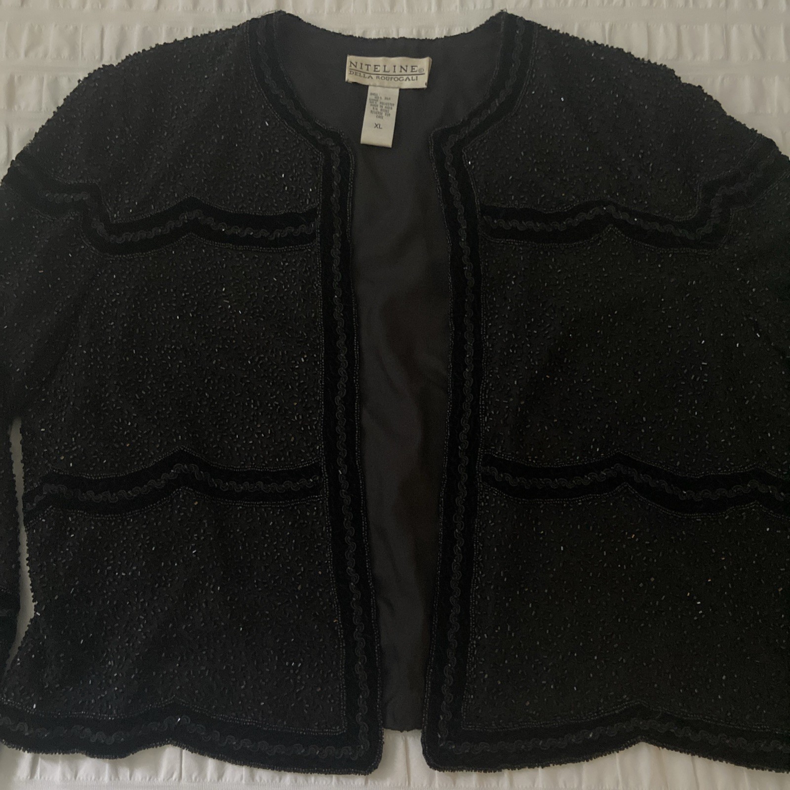Jacket Vintage 80s NITELINE By Della Roufogali Black Beaded Sequin 100% Silk XL