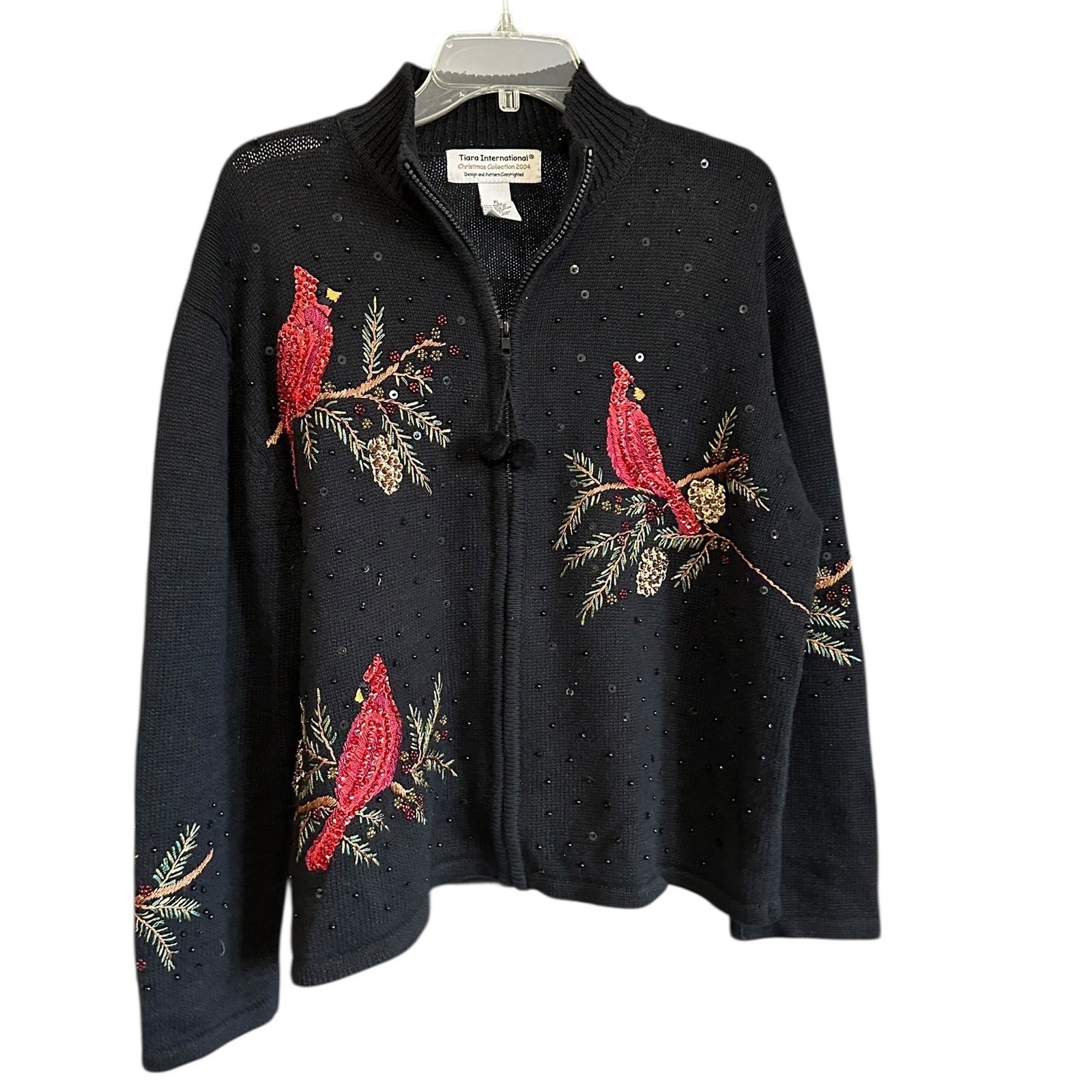 Tiara International 2004 Christmas Cardinal Embroidered Zip Cardigan Sweater XL