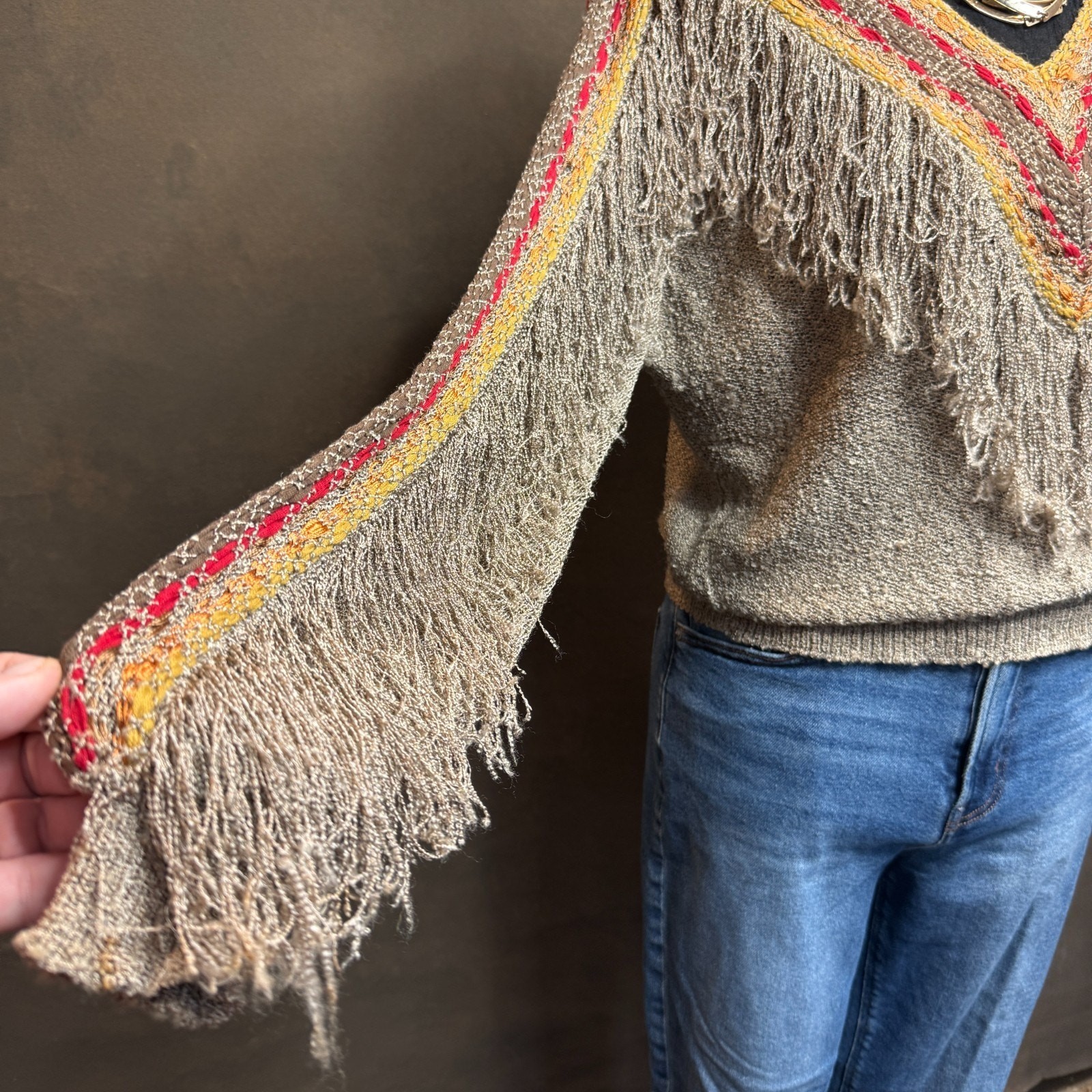 Vintage French Rags Hand Loomed Sweater Fringe Boho Western Style Rayon Size 2