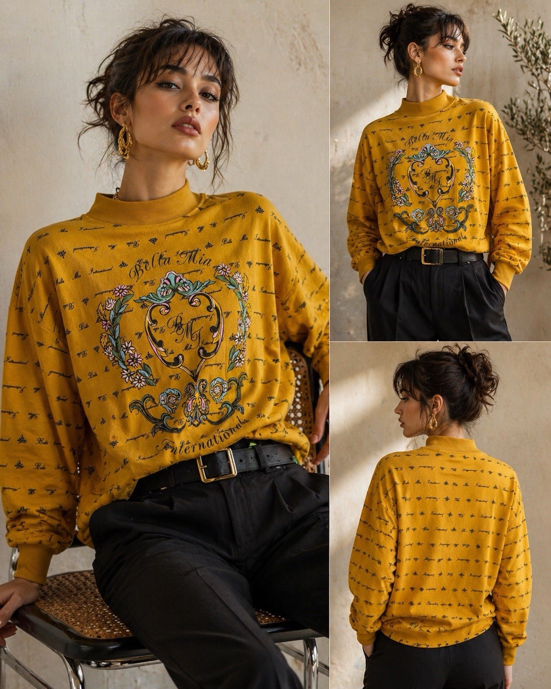 Vintage Bella Mia Mock Neck Top L Gold Baroque Graphic Crest 90s USA