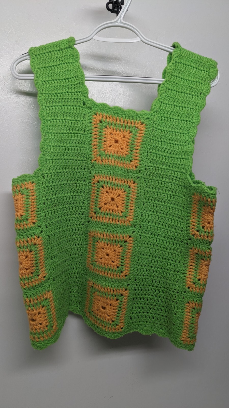 Vtg Handmade Granny Core Square Vest, Tank Top Lime/Orange Chest 17″X Length 23″
