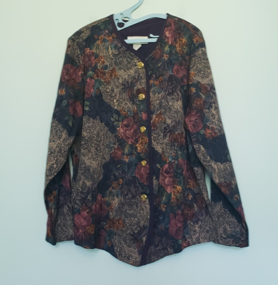 VTG Betsys Things Women Plus 24 Blouse Button Front Dark Floral Retro Grannycore