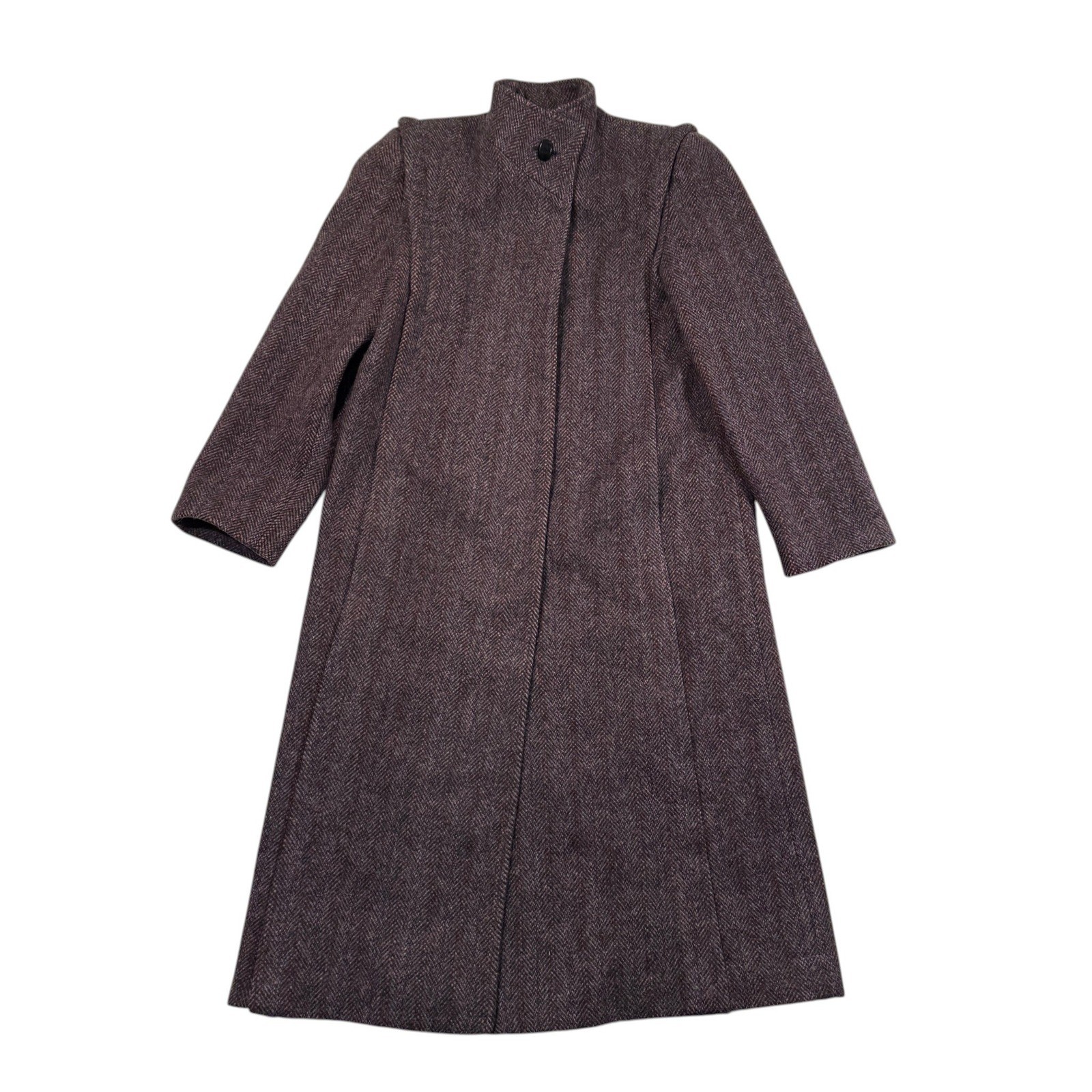 Vintage Projections Ltd Herringbone Wool Long Coat Funnel Neck Union Made USA M